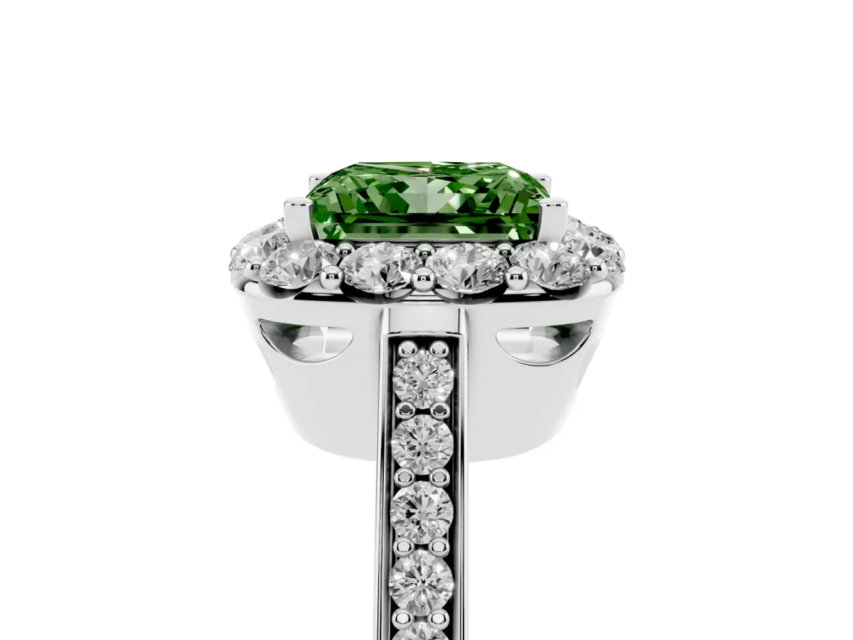 Fancy Green Princess Cut Diamond Floral Halo Ring with Pavé Band and Prong Setting White gold