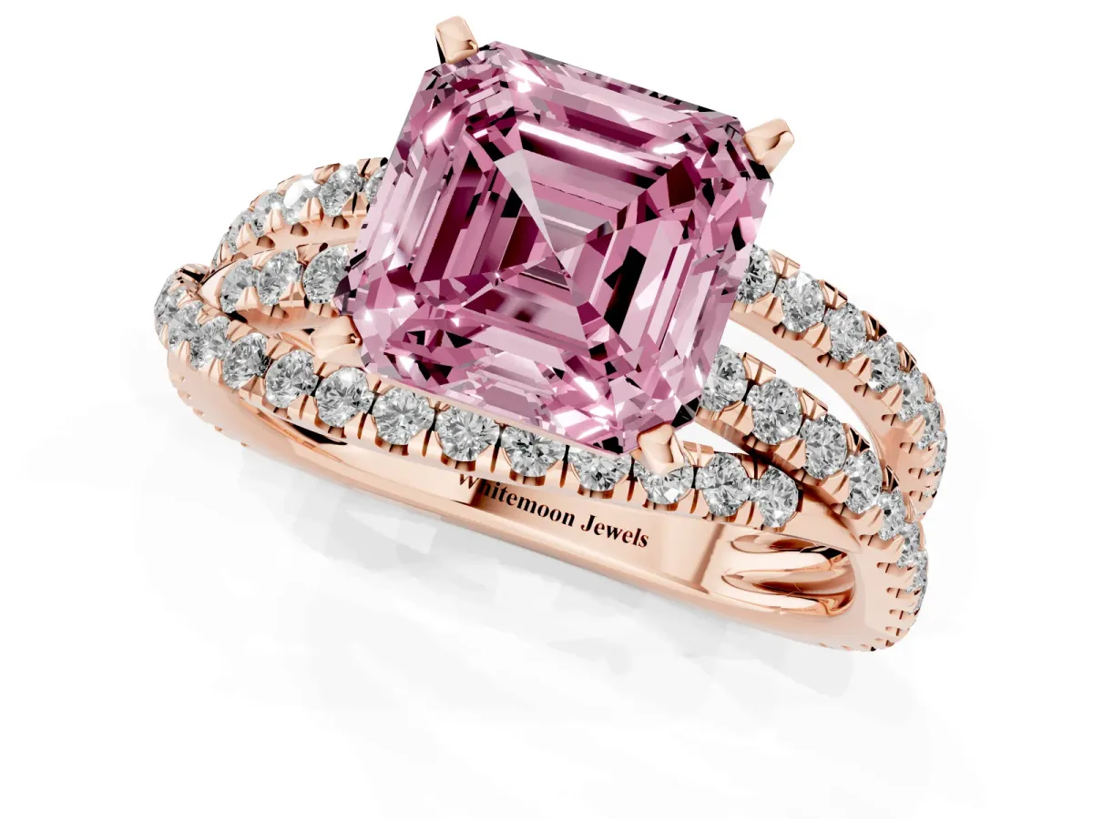 Fancy Pink Asscher Cut Solitaire Twist Band with Pavé Setting and Four-Prong Setting Rose gold