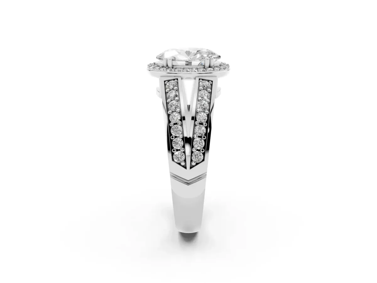 Oval Cut Diamond Halo Ring with Split Shank Pavé Band and Four-Prong Setting Silver