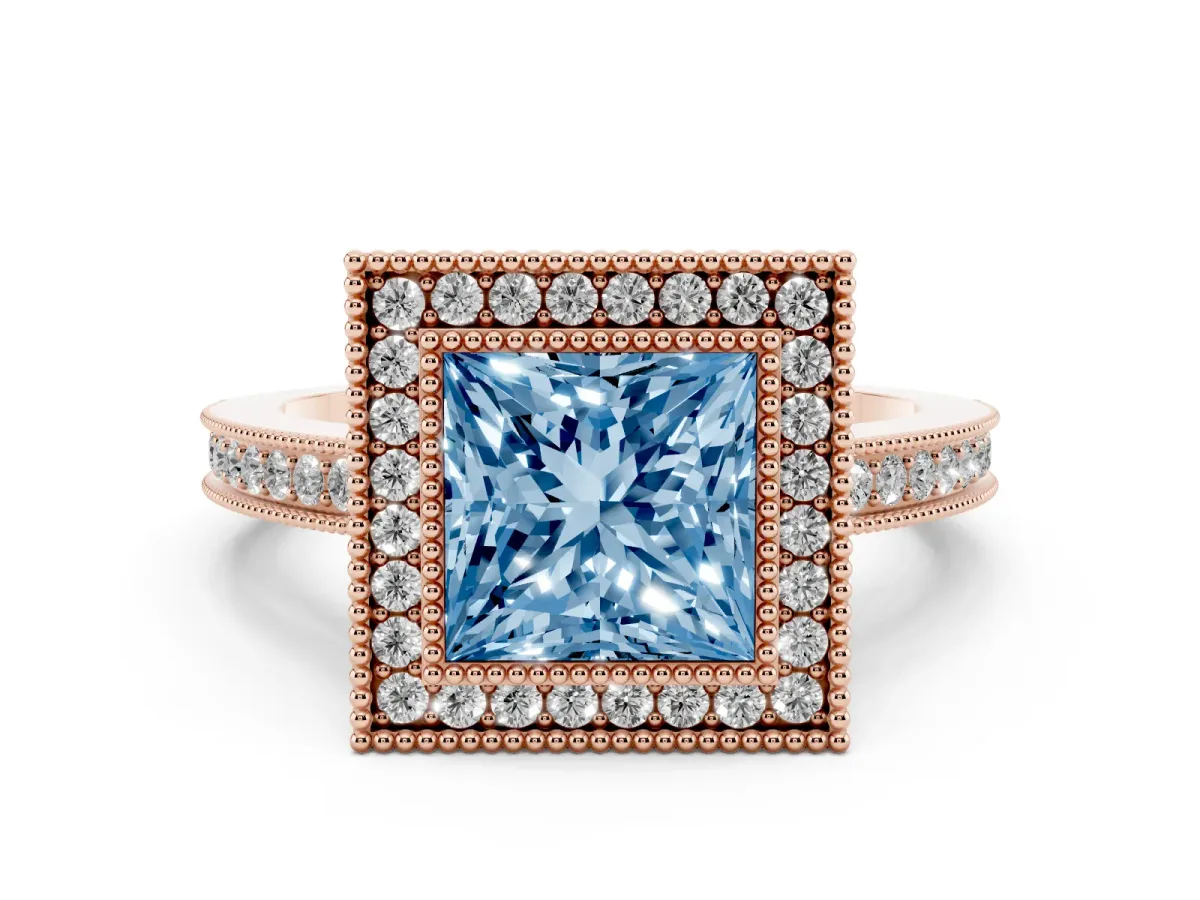 Fancy Blue Princess Cut Cut Halo Diamond Ring with Pavé Band and Milgrain Prong Setting Rose gold