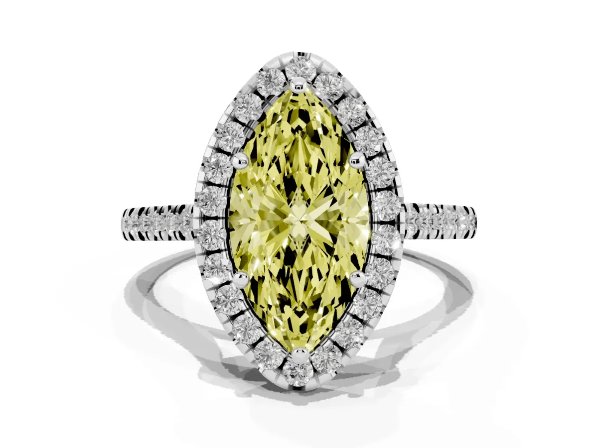 Fancy Yellow Marquise Cut Diamond Cushion Halo Ring with Pavé Band Platinum