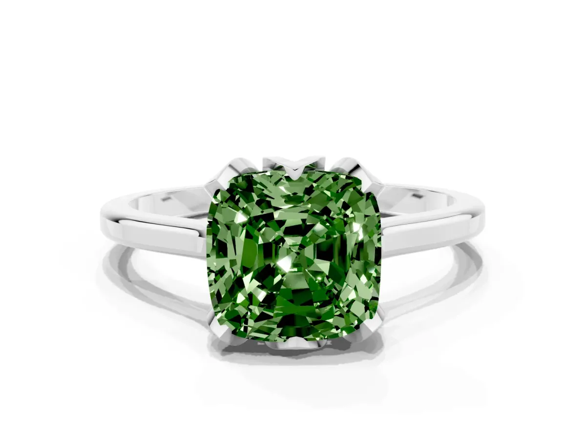 Fancy Green Cushion Cut Diamond Solitaire Ring with Flower Prong Setting and Classic Band Silver