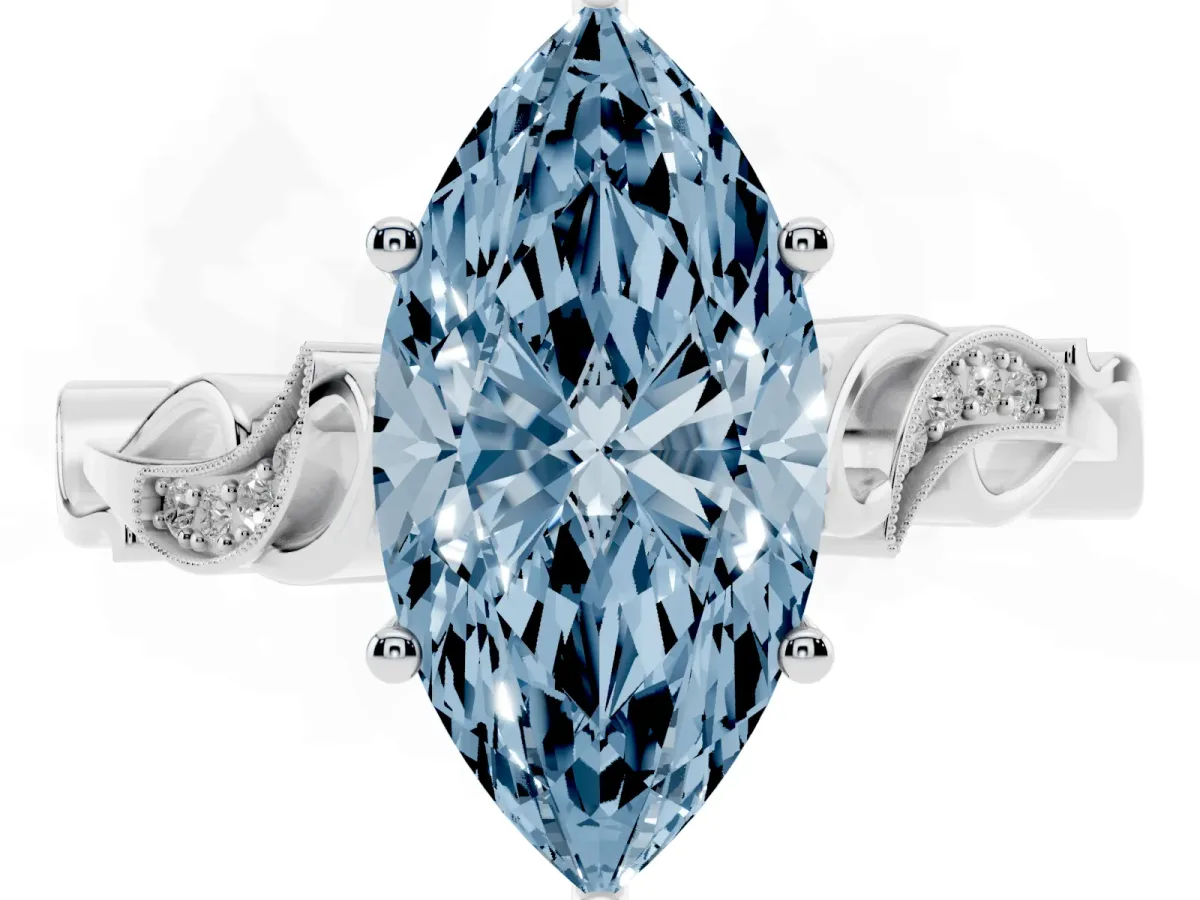 Fancy Blue Marquise Cut Solitaire Vine Band with Milgrain Prong Setting Platinum