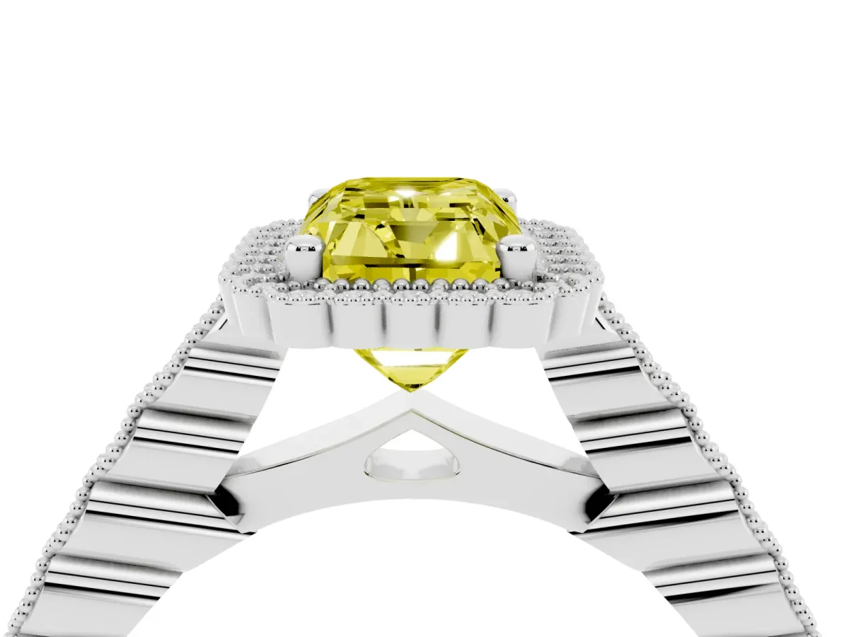 Fancy Yellow Radiant Cut Cut Halo Pavé Solitaire Ring with Milgrain Band White gold