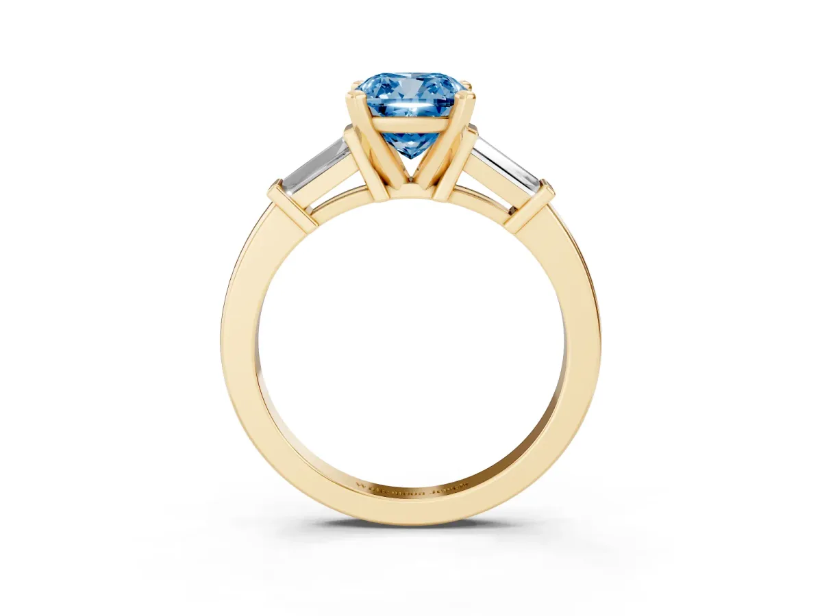 Fancy Blue Cushion Cut Cut Diamond Solitaire Ring with Tapered Baguette Accents and Four-Prong Setting Yellow gold