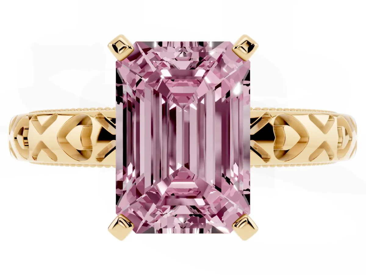 Fancy Pink Emerald Cut Solitaire Diamond Engagement Ring with XO Engraved Band and Four-Prong Setting Yellow gold