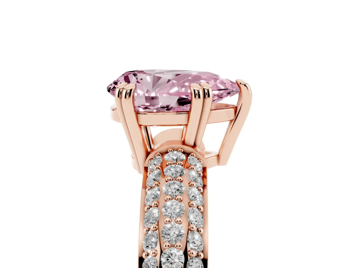 Fancy Pink Pear Cut Diamond Solitaire Ring with Multi-Row Round Pavé Band and Prong Setting Rose gold