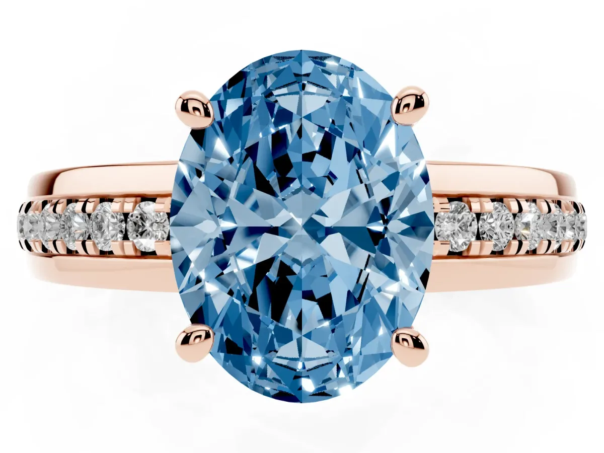 Fancy Blue Oval Cut Solitaire Diamond Ring with Channel Set Band and Six-Prong Setting Rose gold