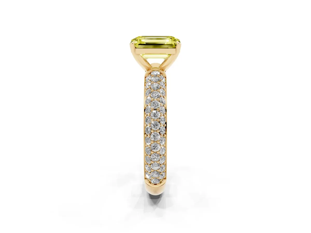 Fancy Yellow Emerald Cut Diamond Solitaire Ring with Prong Setting and Pavé Band Yellow gold