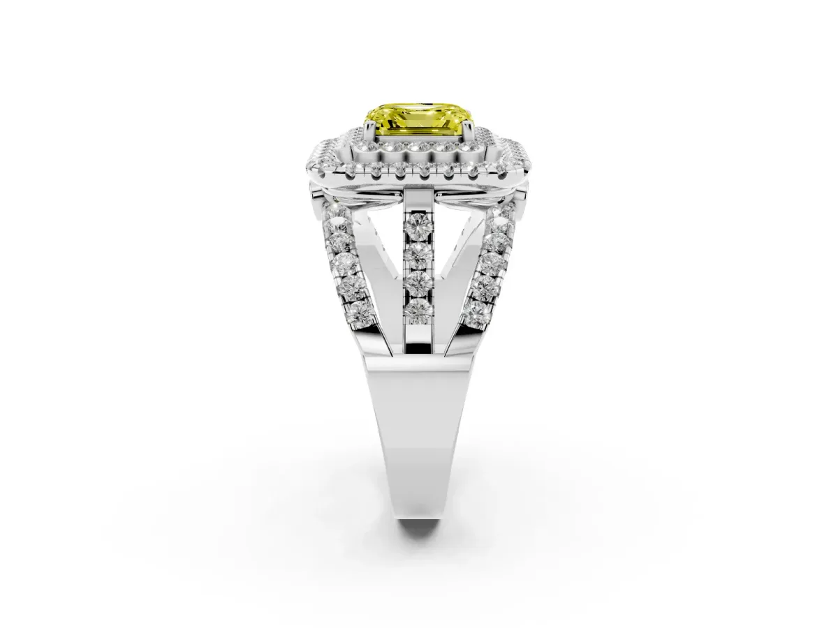 Fancy Yellow Asscher Cut Diamond Double Halo Ring with Round Pavé Split Shank and Prong Setting Silver