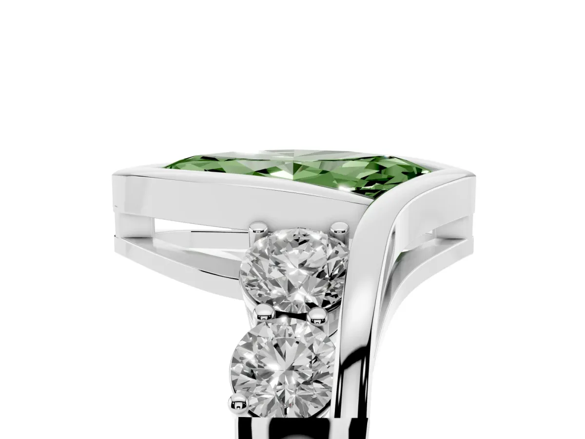 Fancy Green Bezel Set Marquise Cut Diamond Bypass Ring with Round Accents Silver