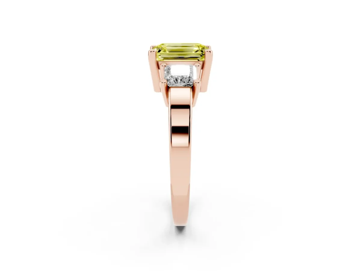 Fancy Yellow Three-Stone Emerald Cut Cut Solitaire Ring with Prong Setting Rose gold