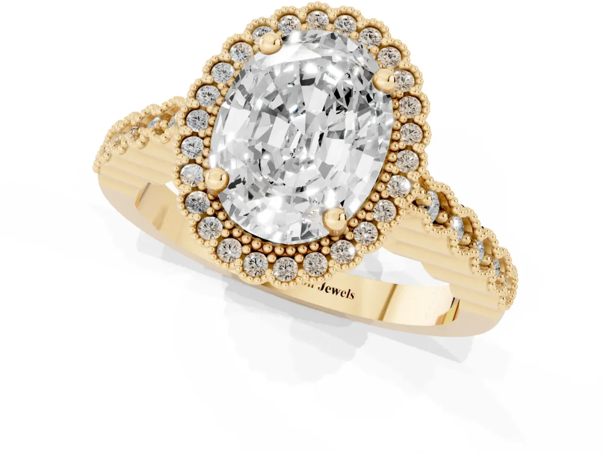 Oval Cut Cut Halo Pavé Solitaire Ring with Milgrain Band Yellow gold