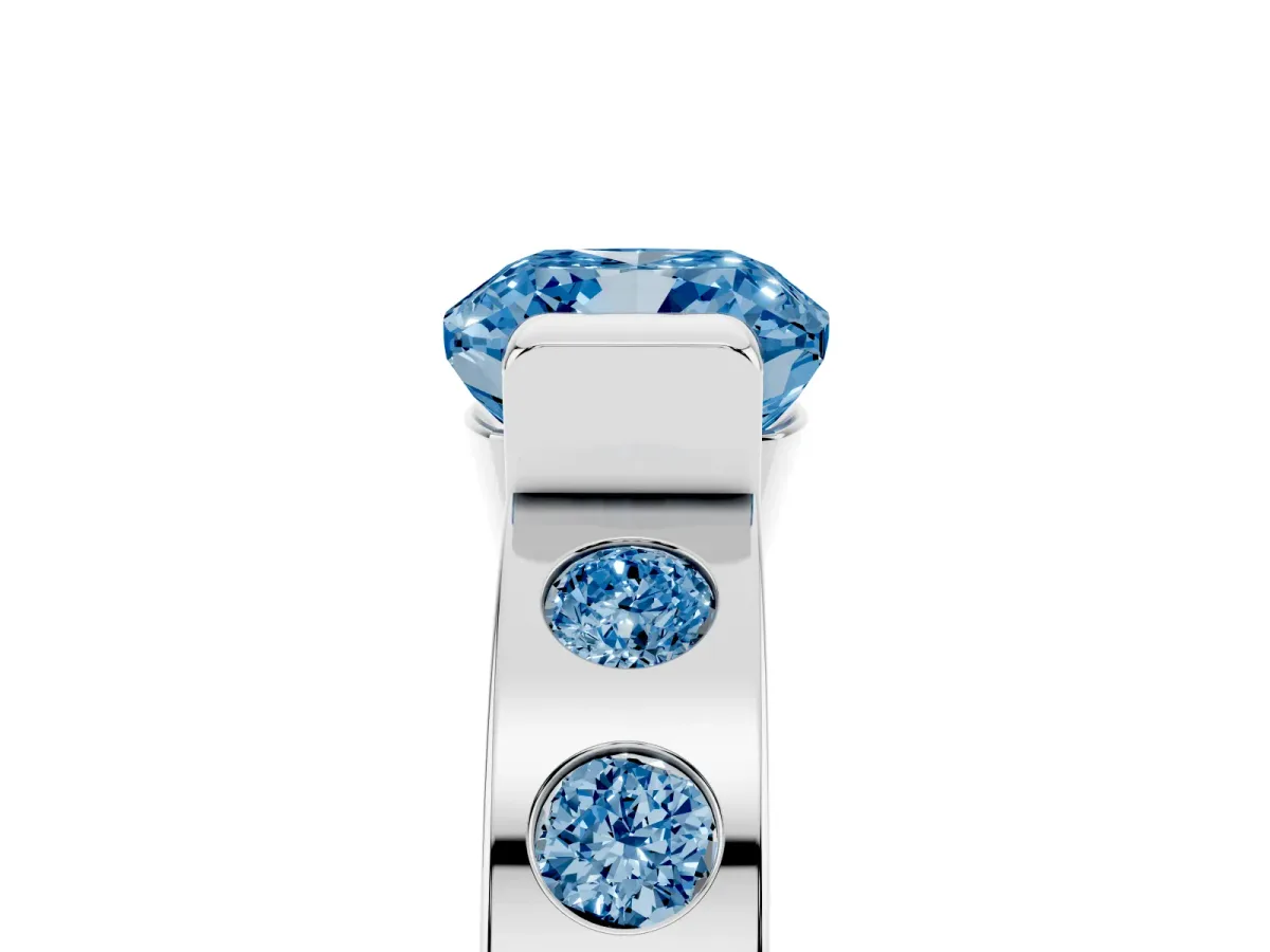 Fancy Blue Cushion Cut Brilliant Channel-Set Diamond Ring with Bezel Prong Setting Silver