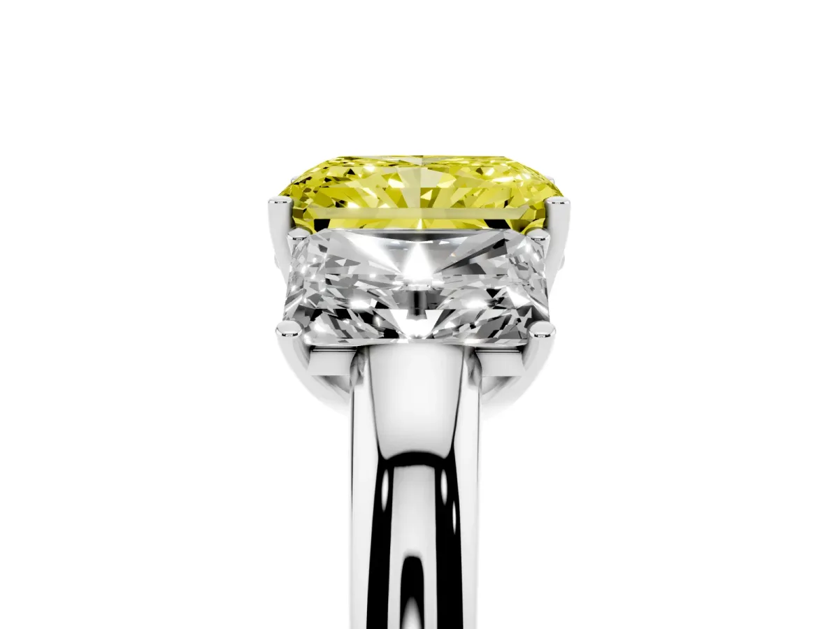 Fancy Yellow Radiant Cut Diamond Three-Stone Ring with Four-Prong Setting and Classic Band Silver
