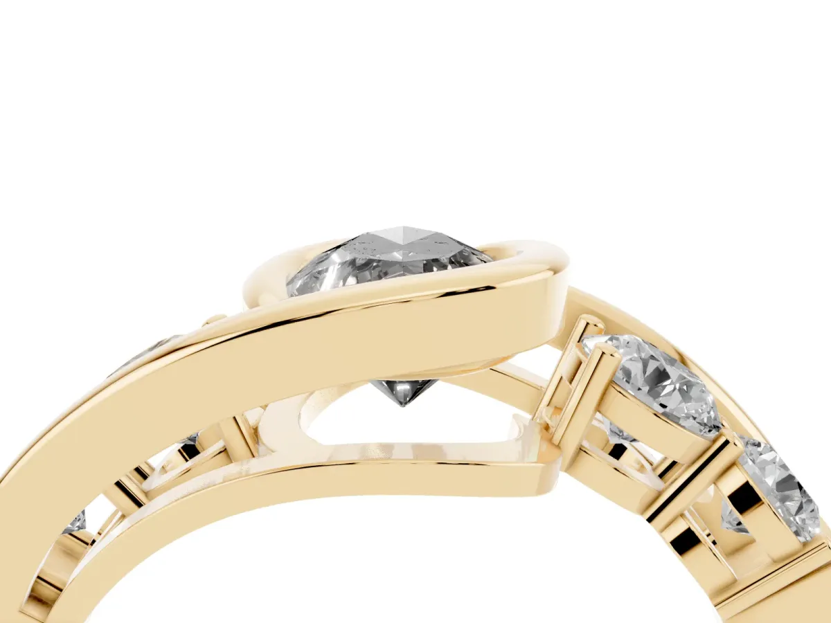 Fancy Black Bezel Set Pear Cut Diamond Bypass Ring with Round Accents Yellow gold