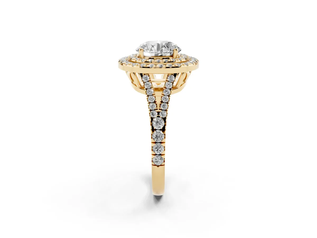 Round Cut Diamond Double Halo Ring with Pavé Band and Prong Setting Yellow gold
