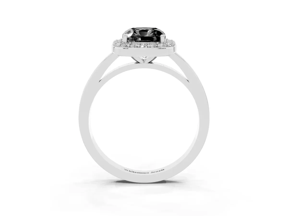 Fancy Black Cushion Cut Halo Diamond Ring with Solitaire Band and Prong Setting Platinum