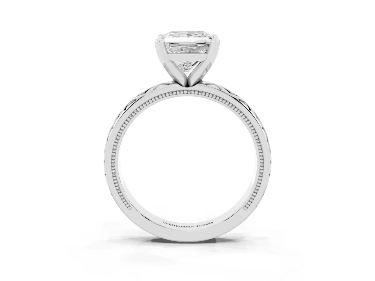 Princess Cut Solitaire Diamond Ring with Milgrain and Black Enamel X Pattern Band Silver