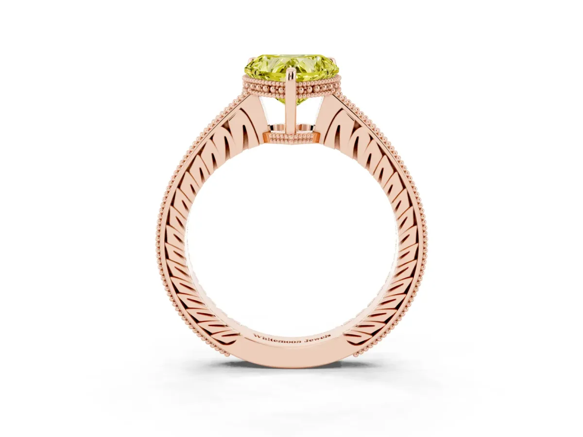 Fancy Yellow Heart Cut Solitaire Pavé Diamond Milgrain Engagement Ring with Four-Prong Setting Rose gold
