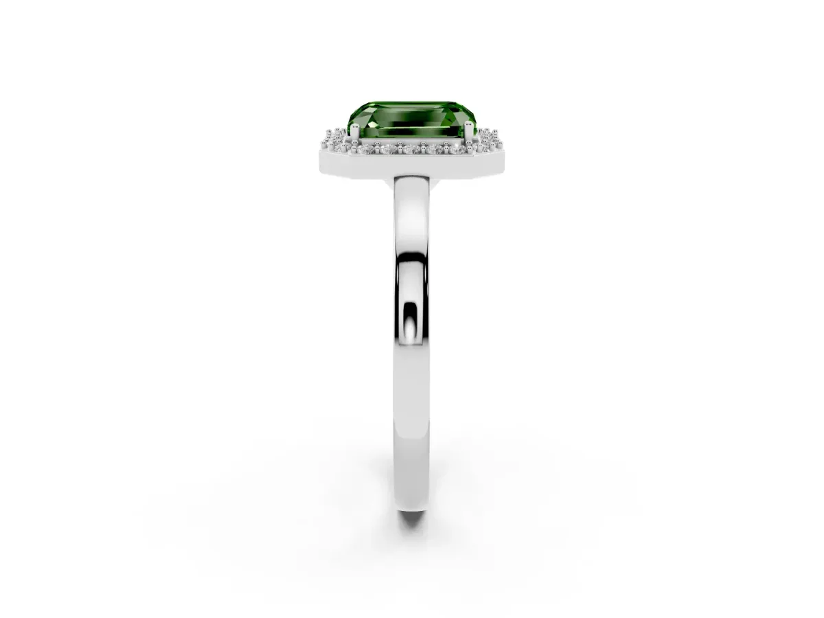 Fancy Green Radiant Cut Halo Diamond Ring with Solitaire Band and Prong Setting White gold