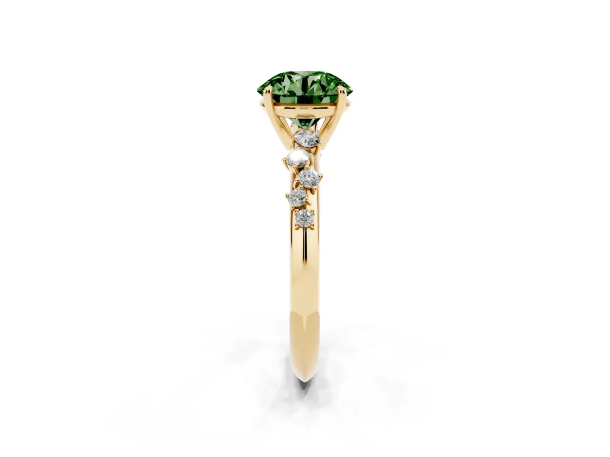 Fancy Green Round Cut Diamond Cluster Side Stone Solitaire Ring with Prong Setting Yellow gold