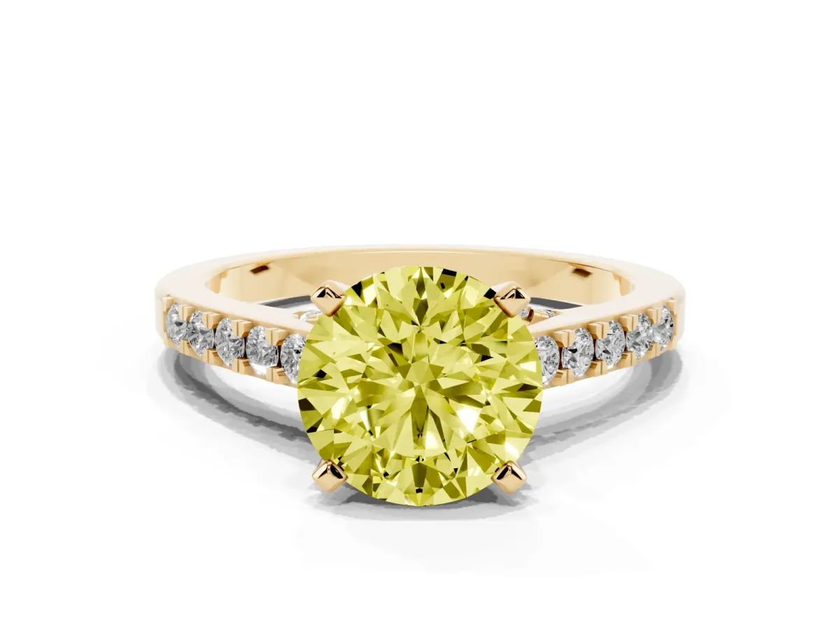 Fancy Yellow Round Cut Diamond Solitaire Ring with Crossover Gallery and Round Pavé Band Yellow gold