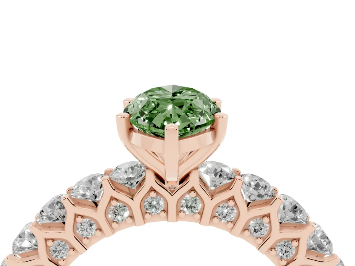 Fancy Green Marquise Cut Diamond Solitaire Ring with Shared Prong Pavé Band and Four-Prong Setting Rose gold