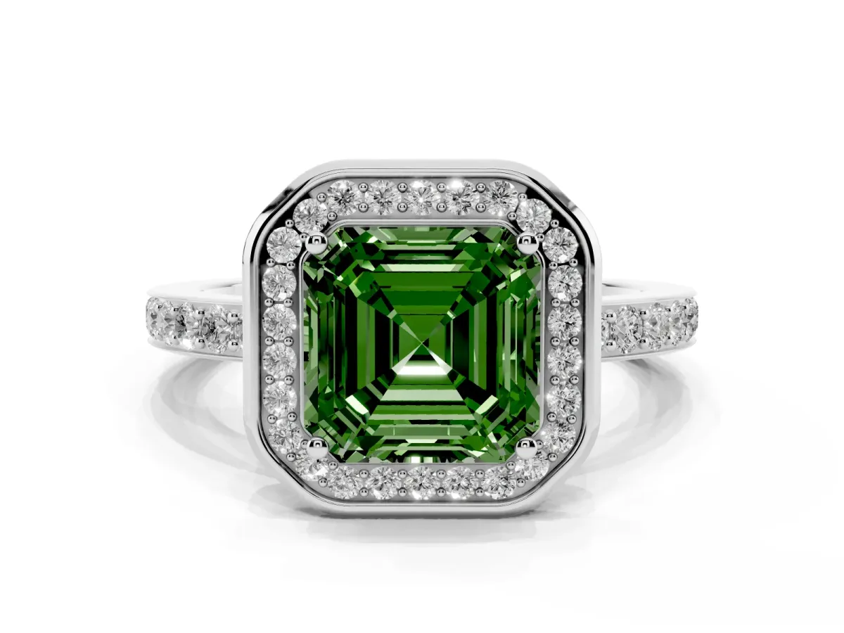 Fancy Green Asscher Cut Diamond Halo Ring with Bezel Frame and Pavé Band Silver