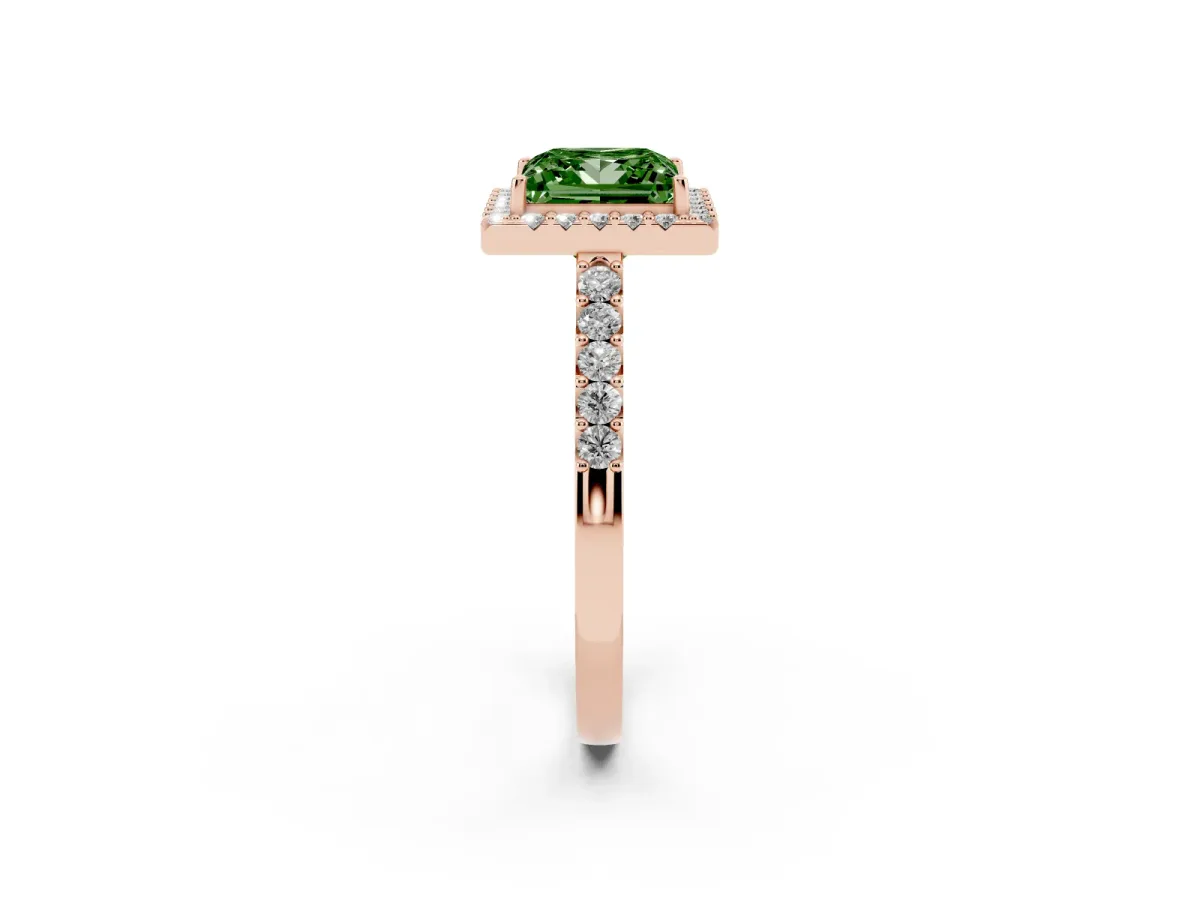 Fancy Green Princess Cut Halo Diamond Pavé Solitaire Ring Rose gold