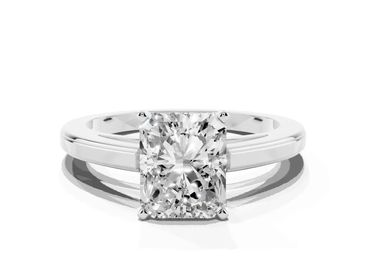 Radiant Cut Solitaire Diamond Ring with Four-Prong Setting and Classic Band Silver