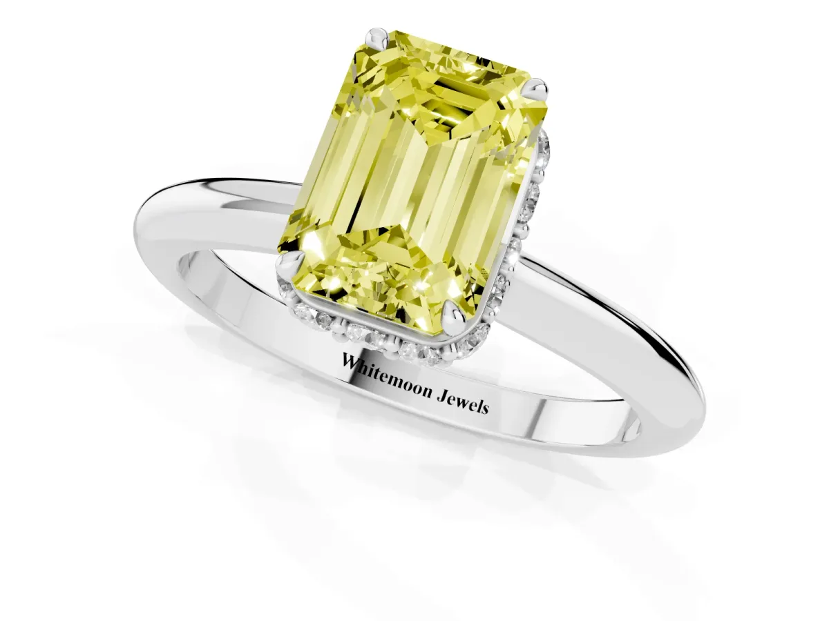Fancy Yellow Emerald Cut Brilliant Solitaire Engagement Ring with Six-Prong Setting and Classic Band Platinum