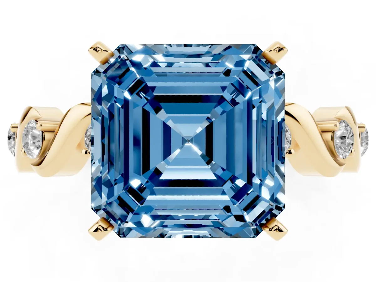 Fancy Blue Asscher Cut Diamond Solitaire Twisted Band with Round Accents and Prong Setting Yellow gold