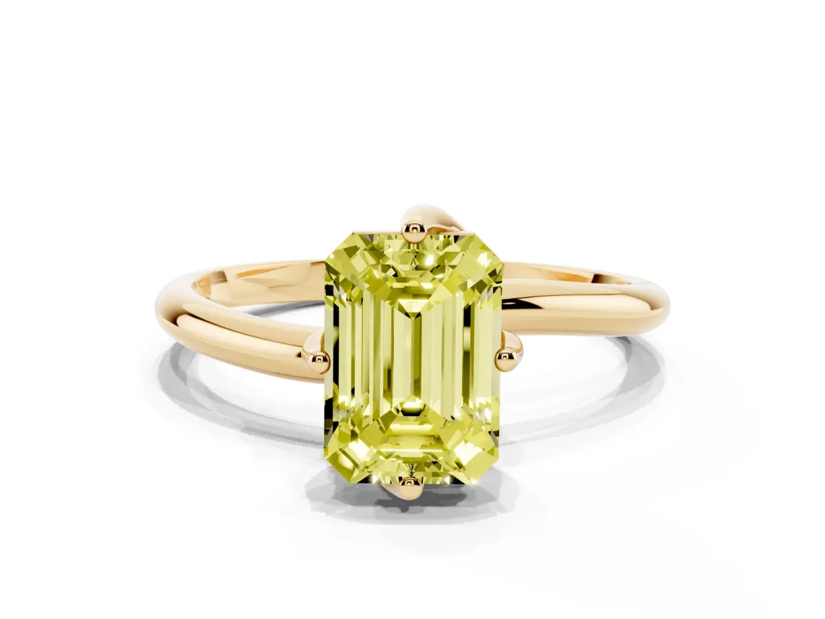 Fancy Yellow Emerald Cut Diamond Solitaire Engagement Ring with Four-Prong Setting and Classic Band Yellow gold