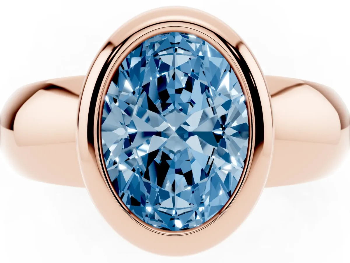 Fancy Blue Bezel Set Oval Cut Solitaire Ring with Wide Band Rose gold
