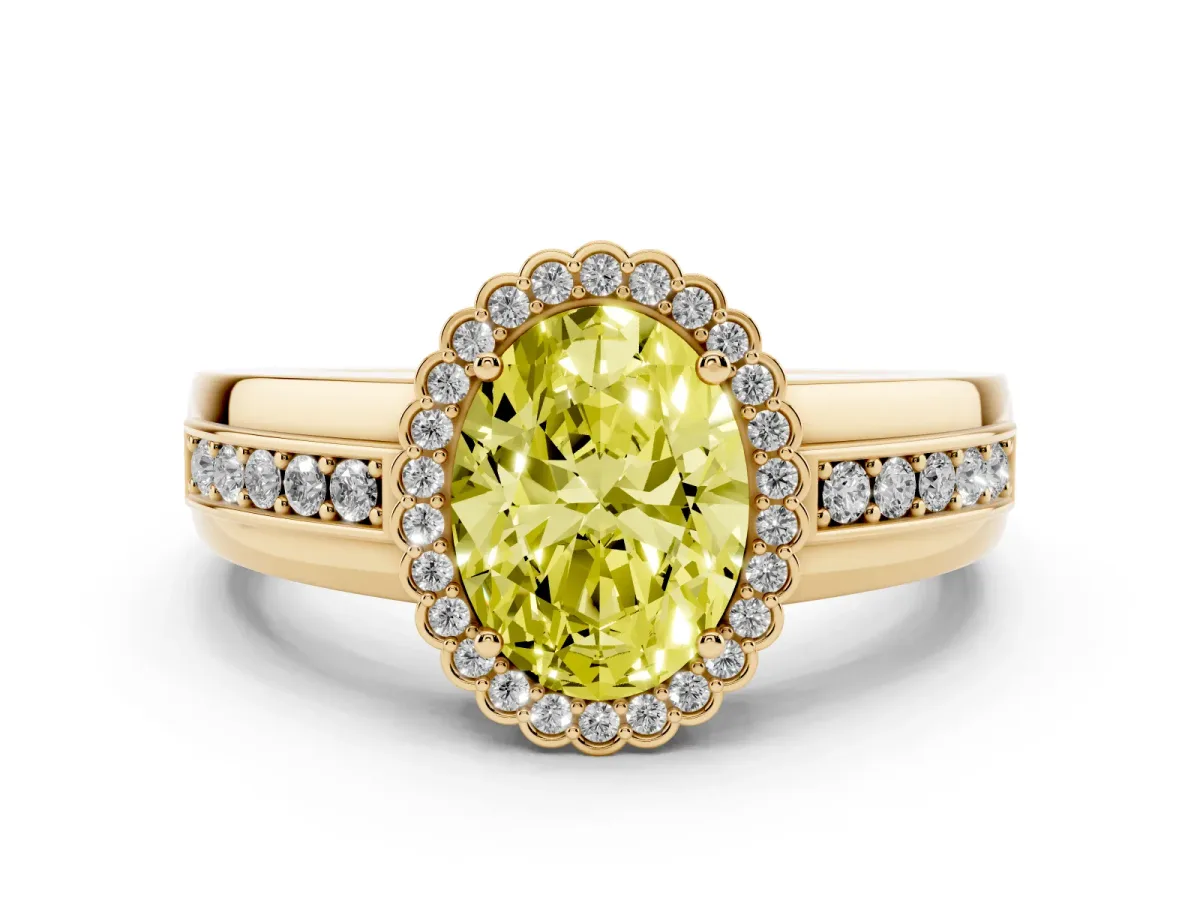 Fancy Yellow Oval Cut Cut Halo Pave Band Four-Prong Ring Yellow gold