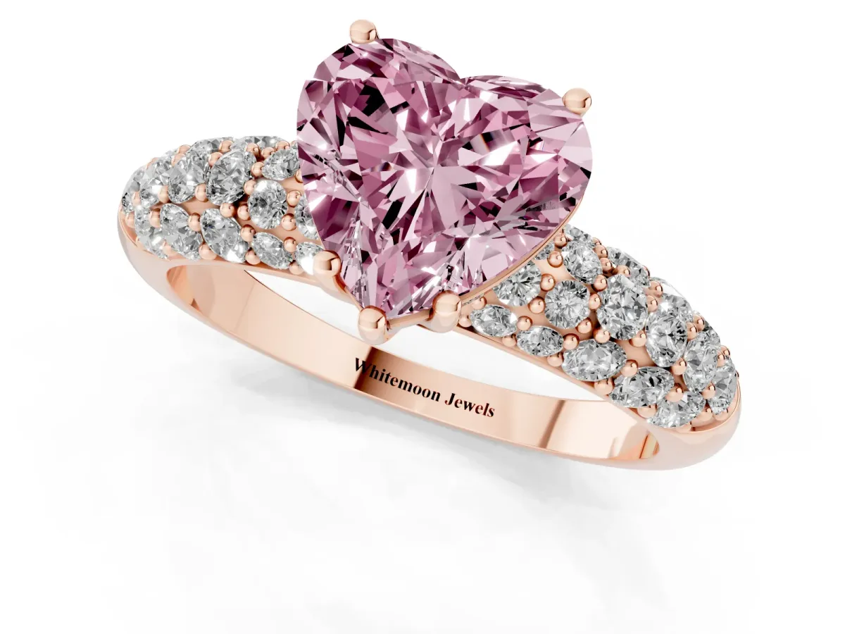 Fancy Pink Heart Cut Diamond Pavé Band Solitaire Ring with Four-Prong Setting Rose gold
