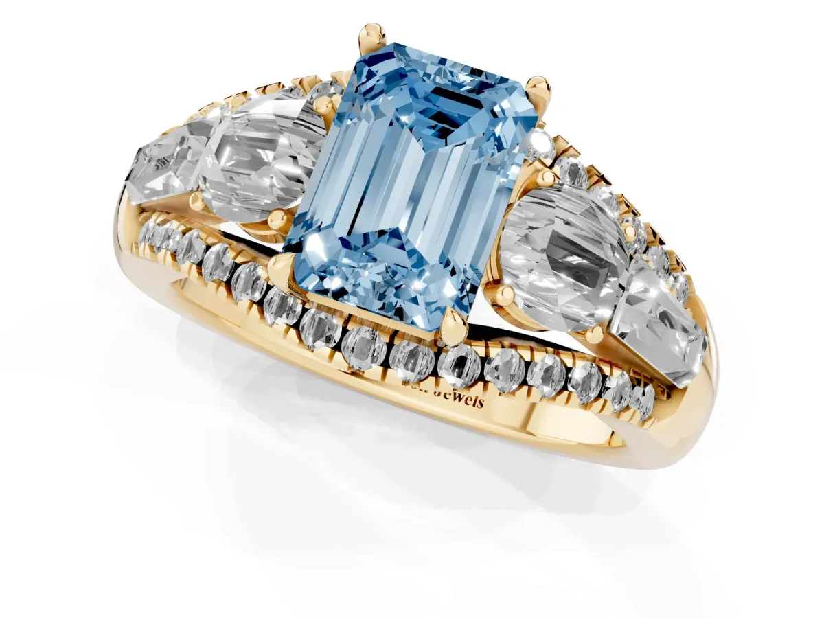 Fancy Blue Three-Stone Emerald Cut Diamond Engagement Ring with Pave Band and Prong Setting Yellow gold