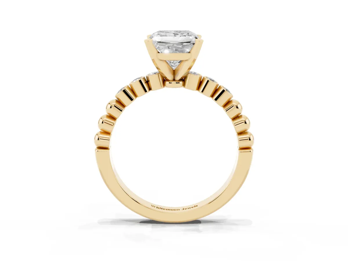 Princess Cut Solitaire Bezel Accent Diamond Engagement Ring with Beaded Band and Four-Prong Setting Yellow gold