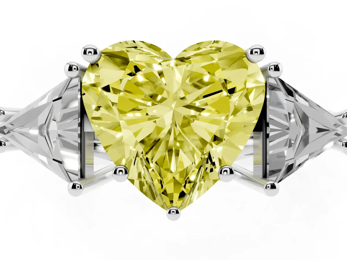 Fancy Yellow Three-Stone Heart Cut Diamond Engagement Ring with Trillion Side Stones and Prong Setting Silver