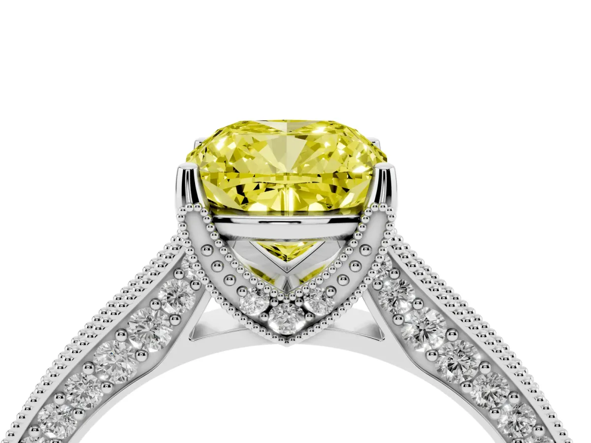 Fancy Yellow Cushion Cut Cut Diamond Solitaire Ring with Milgrain Pave Band and Four Prong Setting Silver
