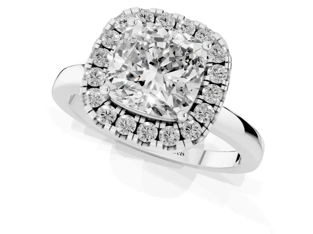 Cushion Cut Halo Diamond Solitaire with Pavé Band and Four-Prong Setting White gold