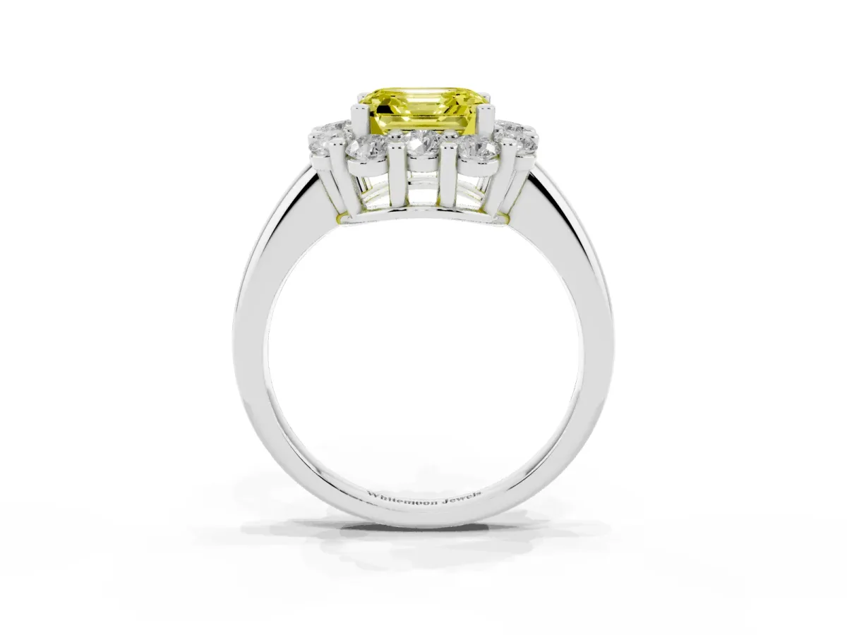 Fancy Yellow Asscher Cut Halo Cluster Diamond Engagement Ring with Prong Setting and Polished Band White gold