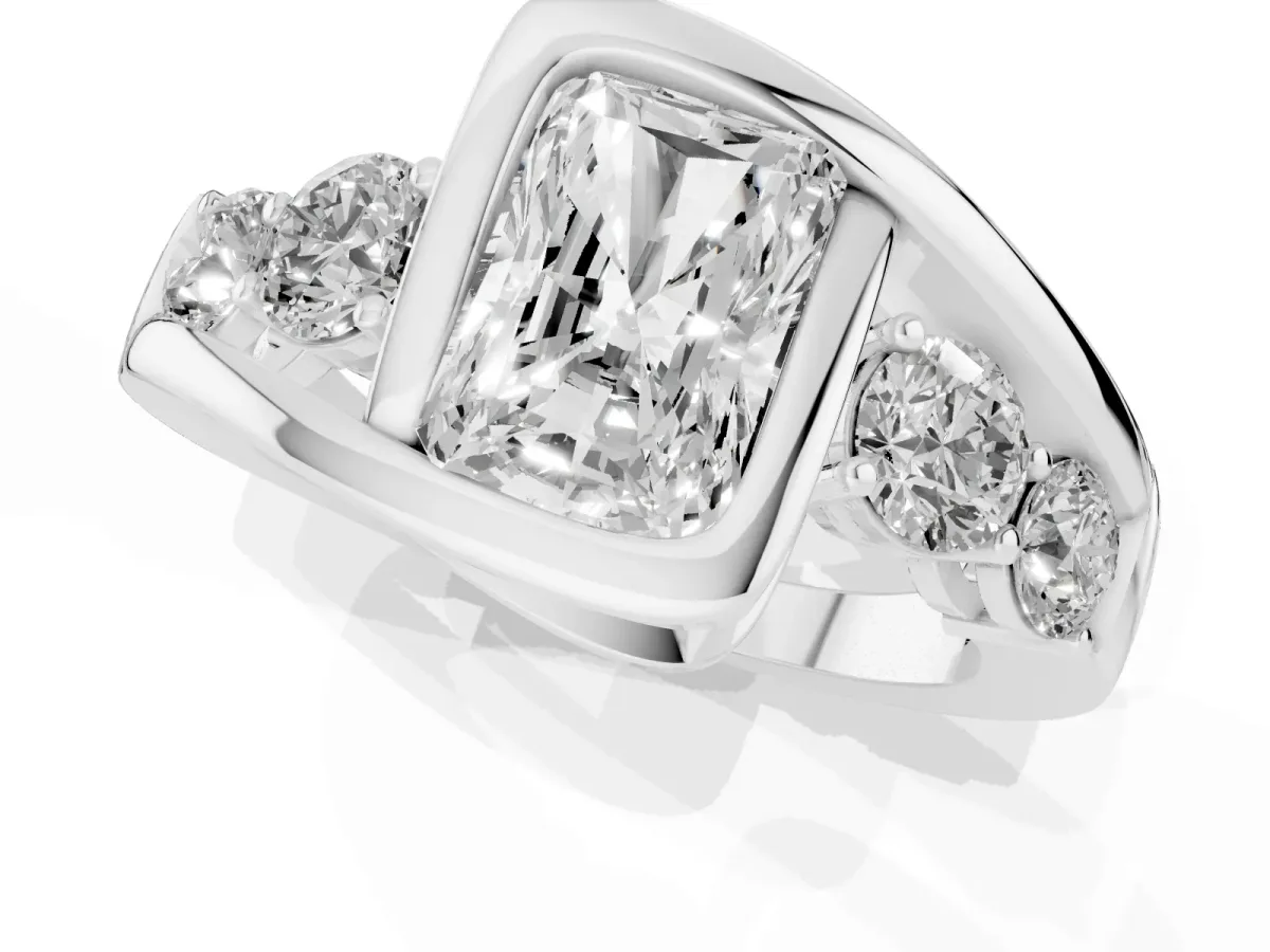 Bezel Set Radiant Cut Diamond Bypass Ring with Round Accents Silver