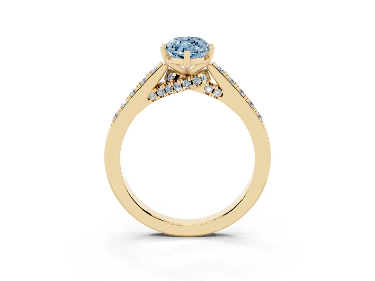 Fancy Blue Marquise Cut Diamond Solitaire Ring with Crossover Gallery and Round Pavé Band Yellow gold