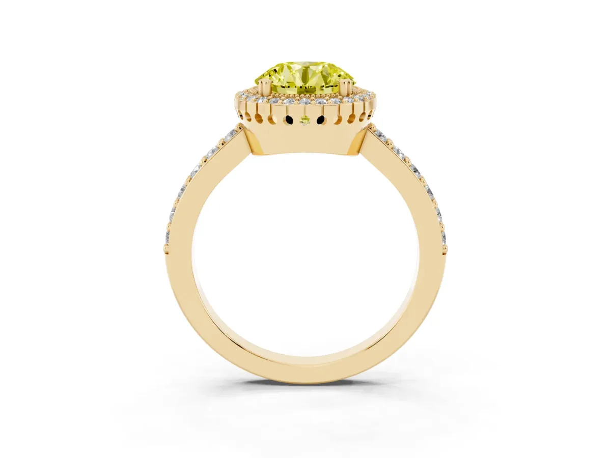 Fancy Yellow Round Cut Cut Diamond Halo Engagement Ring with Milgrain Detail and Pavé Band Yellow gold