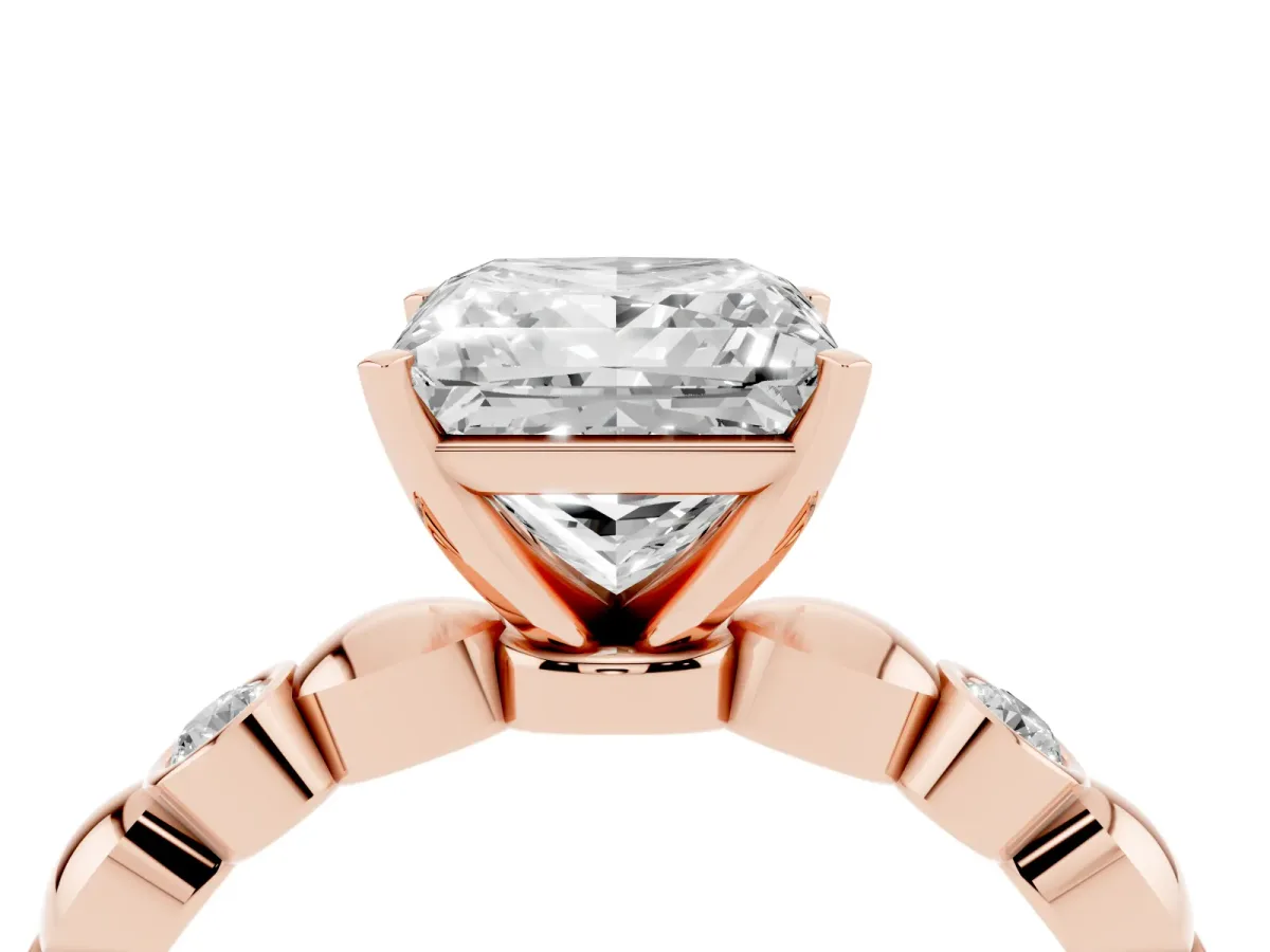 Princess Cut Solitaire Bezel-Set Diamond Ring with Beaded Band and Four-Prong Setting Rose gold