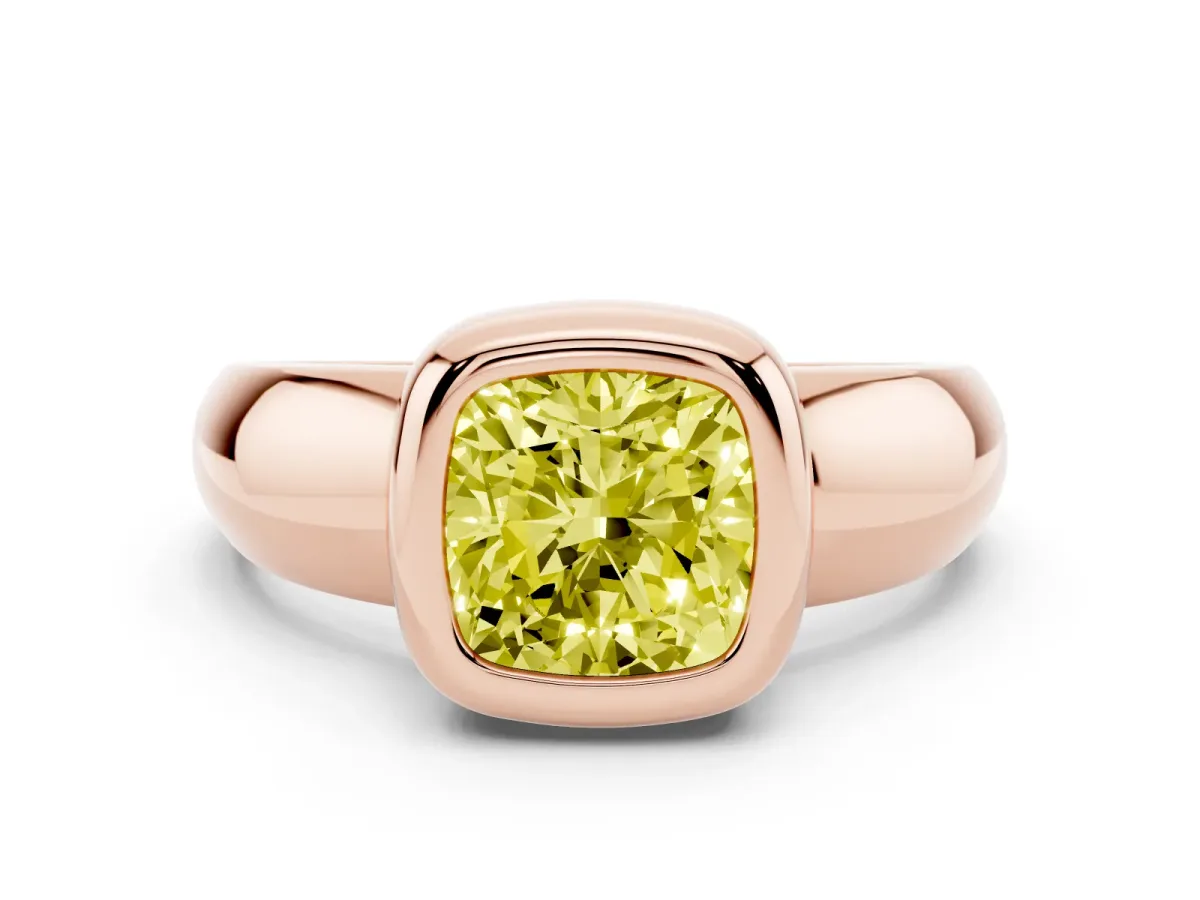 Fancy Yellow Bezel Set Cushion Cut Solitaire Ring with Wide Band Rose gold
