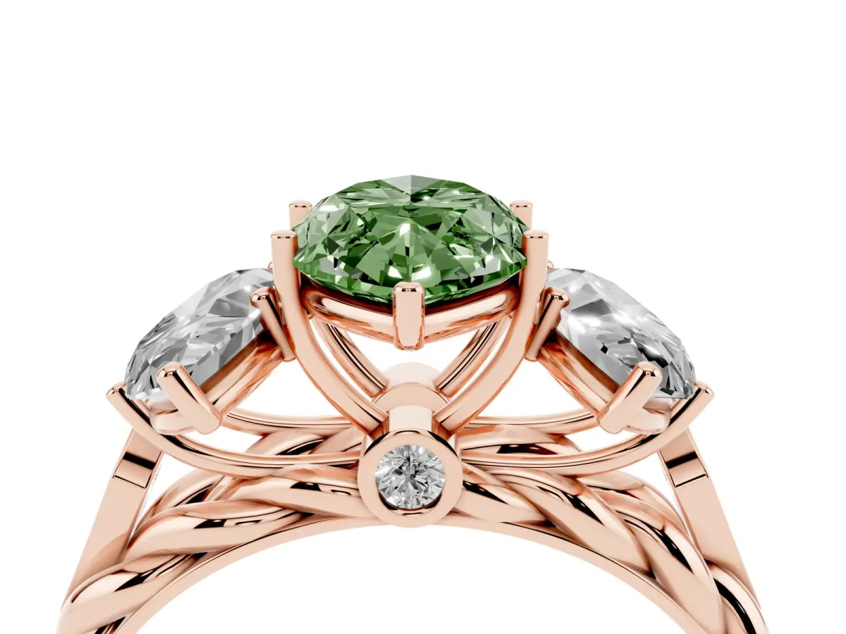 Fancy Green Three-Stone Marquise Cut Diamond Braided Band Ring with Four-Prong Setting Rose gold