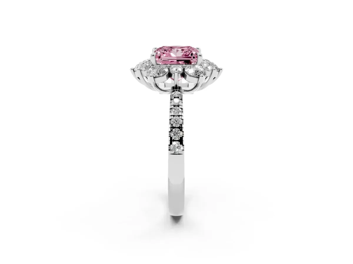 Fancy Pink Princess Cut Diamond Floral Halo Ring with Round Pavé Band and Prong Setting Silver